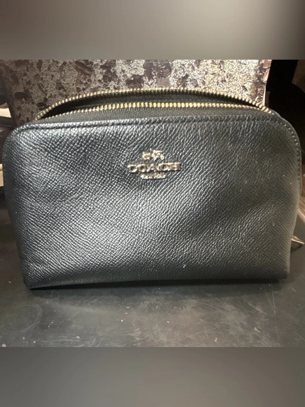 Coach Black Leather Zipper Cosmetic Pouch with Gold Hardware